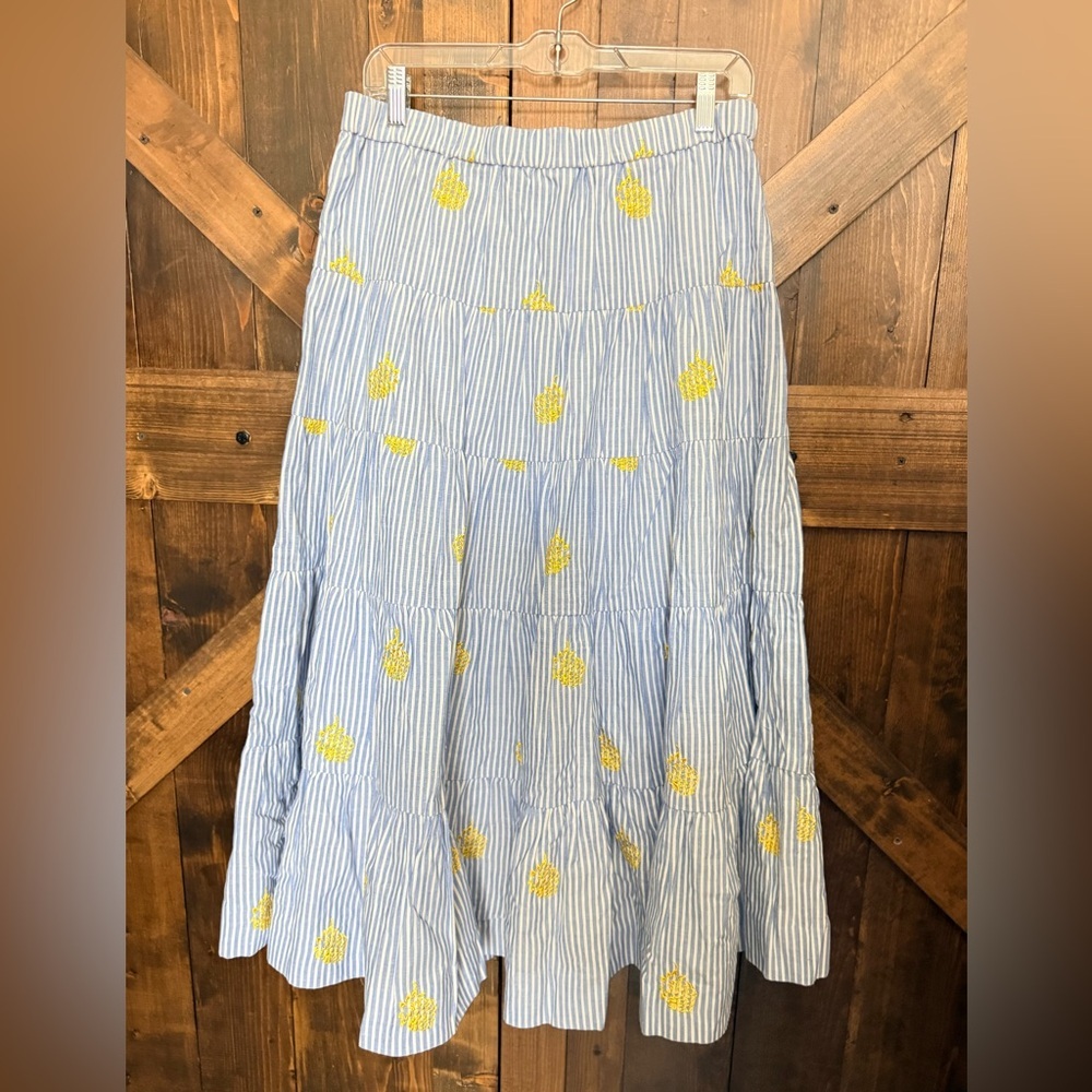 J. Crew NWT Blue White Striped Pineapple Embroidered Tiered Maxi Skirt Size M - Picture 4 of 8